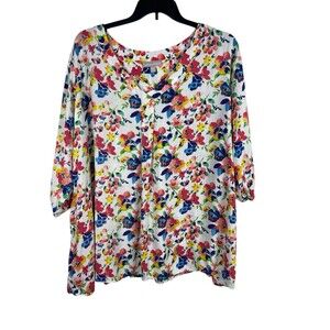 Woman Within 3X Floral Top 3/4 Sleeve White Multicolor Rayon Boho Peasant